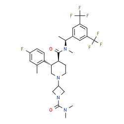 ChemSpider 2D Image | (3S,4S)-N-{(1S)-1-[3,5-Bis(trifluoromethyl)phenyl]ethyl}-1-[1-(dimethylcarbamoyl)-3-azetidinyl]-3-(4-fluoro-2-methylphenyl)-N-methyl-4-piperidinecarboxamide | C30H35F7N4O2