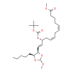ChemSpider 2D Image | Methyl (5Z,8Z,11R,12E)-13-[(2R,4R,5S)-2-methoxy-5-pentyl-1,3-dioxolan-4-yl]-11-({[(2-methyl-2-propanyl)oxy]carbonyl}oxy)-5,8,12-tridecatrienoate | C28H46O8