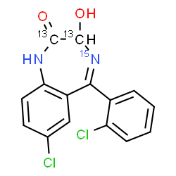 ChemSpider 2D Image | 7-Chloro-5-(2-chlorophenyl)-3-hydroxy(2,3-~13~C_2_,4-~15~N)-1,3-dihydro-2H-1,4-benzodiazepin-2-one | C1313C2H10Cl2N15NO2