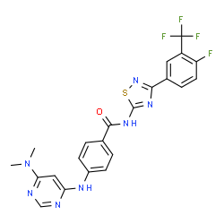 ChemSpider 2D Image | 4-{[6-(Dimethylamino)-4-pyrimidinyl]amino}-N-{3-[4-fluoro-3-(trifluoromethyl)phenyl]-1,2,4-thiadiazol-5-yl}benzamide | C22H17F4N7OS