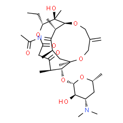 ChemSpider 2D Image | N-[(1S,2R,3R,8R,9R,10R,16S,17E,18R)-9-{[(2S,3R,4S,6R)-4-(Dimethylamino)-3-hydroxy-6-methyltetrahydro-2H-pyran-2-yl]oxy}-3-ethyl-2-hydroxy-2,8,10,16,18-pentamethyl-13-methylene-5,7-dioxo-4,11,15-trioxa
bicyclo[8.5.4]nonadec-17-ylidene]acetamide | C34H56N2O10