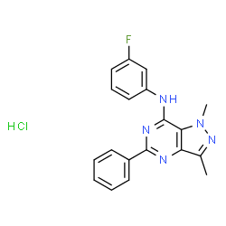 ChemSpider 2D Image | N-(3-Fluorophenyl)-1,3-dimethyl-5-phenyl-1H-pyrazolo[4,3-d]pyrimidin-7-amine hydrochloride (1:1) | C19H17ClFN5