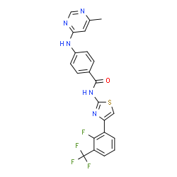 ChemSpider 2D Image | N-{4-[2-Fluoro-3-(trifluoromethyl)phenyl]-1,3-thiazol-2-yl}-4-[(6-methyl-4-pyrimidinyl)amino]benzamide | C22H15F4N5OS