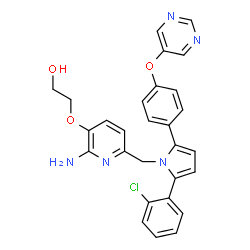 ChemSpider 2D Image | 2-{[2-Amino-6-({2-(2-chlorophenyl)-5-[4-(5-pyrimidinyloxy)phenyl]-1H-pyrrol-1-yl}methyl)-3-pyridinyl]oxy}ethanol | C28H24ClN5O3