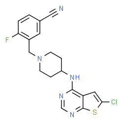ChemSpider 2D Image | 3-({4-[(6-Chlorothieno[2,3-d]pyrimidin-4-yl)amino]-1-piperidinyl}methyl)-4-fluorobenzonitrile | C19H17ClFN5S
