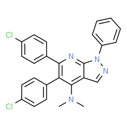 ChemSpider 2D Image | 5,6-Bis(4-chlorophenyl)-N,N-dimethyl-1-phenyl-1H-pyrazolo[3,4-b]pyridin-4-amine | C26H20Cl2N4