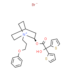 ChemSpider 2D Image | (2R)-2-[2-Hydroxy(di-2-thienyl)acetoxy]-1-(3-phenoxypropyl)-1-azoniabicyclo[2.2.2]octane bromide | C26H30BrNO4S2