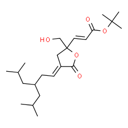 ChemSpider 2D Image | 2-Methyl-2-propanyl (2E)-3-[(4E)-2-(hydroxymethyl)-4-(3-isobutyl-5-methylhexylidene)-5-oxotetrahydro-2-furanyl]acrylate | C23H38O5