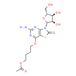 ChemSpider 2D Image | 7-(4-Acetoxybutoxy)-5-amino-3-(beta-D-ribofuranosyl)[1,3]thiazolo[4,5-d]pyrimidin-2(3H)-one | C16H22N4O8S
