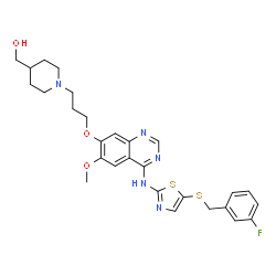 ChemSpider 2D Image | [1-(3-{[4-({5-[(3-Fluorobenzyl)sulfanyl]-1,3-thiazol-2-yl}amino)-6-methoxy-7-quinazolinyl]oxy}propyl)-4-piperidinyl]methanol | C28H32FN5O3S2