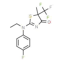 ChemSpider 2D Image | 2-[Ethyl(4-fluorophenyl)amino]-5-methyl-5-(trifluoromethyl)-1,3-thiazol-4(5H)-one | C13H12F4N2OS