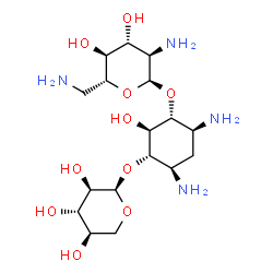 ChemSpider 2D Image | (1R,2S,3S,4R,6S)-4,6-Diamino-2-hydroxy-3-(alpha-D-xylopyranosyloxy)cyclohexyl 2,6-diamino-2,6-dideoxy-alpha-D-glucopyranoside | C17H34N4O10