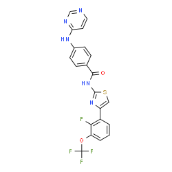 ChemSpider 2D Image | N-{4-[2-Fluoro-3-(trifluoromethoxy)phenyl]-1,3-thiazol-2-yl}-4-(4-pyrimidinylamino)benzamide | C21H13F4N5O2S