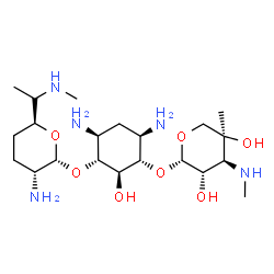 ChemSpider 2D Image | (1S,2S,3R,4S,6R)-4,6-Diamino-3-({(2R,3R,6S)-3-amino-6-[(1S)-1-(methylamino)ethyl]tetrahydro-2H-pyran-2-yl}oxy)-2-hydroxycyclohexyl 3-deoxy-4-C-methyl-3-(methylamino)-beta-D-arabinopyranoside | C21H43N5O7