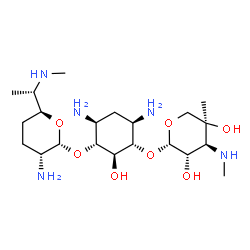 ChemSpider 2D Image | (1S,2S,3R,4S,6R)-4,6-Diamino-3-({(2R,3R,6S)-3-amino-6-[(1S)-1-(methylamino)ethyl]tetrahydro-2H-pyran-2-yl}oxy)-2-hydroxycyclohexyl 3-deoxy-4-C-methyl-3-(methylamino)-beta-D-arabinopyranoside | C21H43N5O7