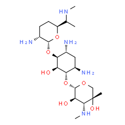 ChemSpider 2D Image | (1S,2S,3S,4R,6R)-4,6-Diamino-3-({(2R,3R,6S)-3-amino-6-[(1R)-1-(methylamino)ethyl]tetrahydro-2H-pyran-2-yl}oxy)-2-hydroxycyclohexyl 3-deoxy-4-C-methyl-3-(methylamino)-alpha-L-arabinopyranoside | C21H43N5O7