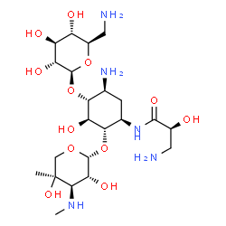 ChemSpider 2D Image | (2S)-3-Amino-N-[(1R,2S,3S,4R,5S)-5-amino-4-[(6-amino-6-deoxy-beta-D-glucopyranosyl)oxy]-2-{[3-deoxy-4-C-methyl-3-(methylamino)-beta-L-arabinopyranosyl]oxy}-3-hydroxycyclohexyl]-2-hydroxypropanamide | C22H43N5O12