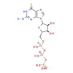 ChemSpider 2D Image | 2-Amino-9-[5-O-(hydroxy{[hydroxy(phosphonooxy)phosphoryl]oxy}phosphoryl)-L-ribofuranosyl]-1,9-dihydro-6H-purine-6-thione | C10H16N5O13P3S
