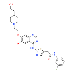 ChemSpider 2D Image | N-(3-Fluorophenyl)-2-{2-[(7-{2-[4-(2-hydroxyethyl)-1-piperidinyl]ethoxy}-6-methoxy-4-quinazolinyl)amino]-1,3-thiazol-5-yl}acetamide | C29H33FN6O4S