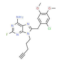 ChemSpider 2D Image | 8-(2-Chloro-4,5-dimethoxybenzyl)-2-fluoro-9-(4-pentyn-1-yl)-9H-purin-6-amine | C19H19ClFN5O2