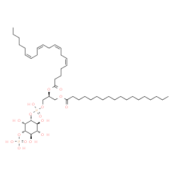 ChemSpider 2D Image | (2S)-1-[(Hydroxy{[(1R,2S,3R,4R,5S,6S)-2,3,4,6-tetrahydroxy-5-(phosphonooxy)cyclohexyl]oxy}phosphoryl)oxy]-3-(stearoyloxy)-2-propanyl (5Z,8Z,11Z,14Z)-5,8,11,14-icosatetraenoate | C47H84O16P2