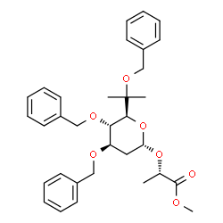 ChemSpider 2D Image | Methyl (2S)-2-({(5S)-3,4-di-O-benzyl-5-[2-(benzyloxy)-2-propanyl]-2-deoxy-alpha-D-threo-pentopyranosyl}oxy)propanoate | C33H40O7