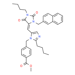 ChemSpider 2D Image | Methyl 4-[(2-butyl-5-{(Z)-[1-butyl-3-(2-naphthylmethyl)-2,5-dioxo-4-imidazolidinylidene]methyl}-1H-imidazol-1-yl)methyl]benzoate | C35H38N4O4