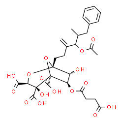 ChemSpider 2D Image | (1R,3S,4S,5S,6R,7R)-1-(4-Acetoxy-5-methyl-3-methylene-6-phenylhexyl)-6-[(3-carboxypropanoyl)oxy]-4,7-dihydroxy-2,8-dioxabicyclo[3.2.1]octane-3,4,5-tricarboxylic acid | C29H34O16