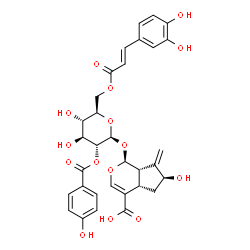ChemSpider 2D Image | (1S,4aS,6S,7aS)-1-({6-O-[(2E)-3-(3,4-Dihydroxyphenyl)-2-propenoyl]-2-O-(4-hydroxybenzoyl)-beta-D-glucopyranosyl}oxy)-6-hydroxy-7-methylene-1,4a,5,6,7,7a-hexahydrocyclopenta[c]pyran-4-carboxylic acid | C32H32O15