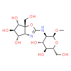 ChemSpider 2D Image | Methyl 2-deoxy-2-{[(3aR,4S,5R,6S,6aS)-4,5,6-trihydroxy-6a-(hydroxymethyl)-4,5,6,6a-tetrahydro-3aH-cyclopenta[d][1,3]oxazol-2-yl]amino}-alpha-D-glucopyranoside | C14H24N2O10