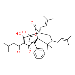 ChemSpider 2D Image | (3R)-3-[(1S,5S)-4-Hydroxy-8,8-dimethyl-3-(3-methylbutanoyl)-5,7-bis(3-methyl-2-buten-1-yl)-2,9-dioxobicyclo[3.3.1]non-3-en-1-yl]-3-phenylpropanoic acid | C35H46O6