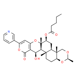 ChemSpider 2D Image | (2R,4aR,4bR,6S,6aS,12R,12aS,12bS,14aS)-12-Hydroxy-2,4a,6a,12b-tetramethyl-11-oxo-9-(3-pyridinyl)-4,4a,4b,5,6,6a,12,12a,12b,13,14,14a-dodecahydro-11H-pyrano[4',3':2,3]chromeno[6,5-f][1,3]benzodioxin-6-
yl valerate | C32H41NO8
